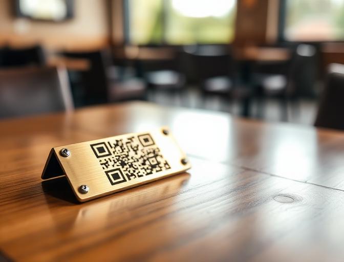 Brass QR plaque on a display counter